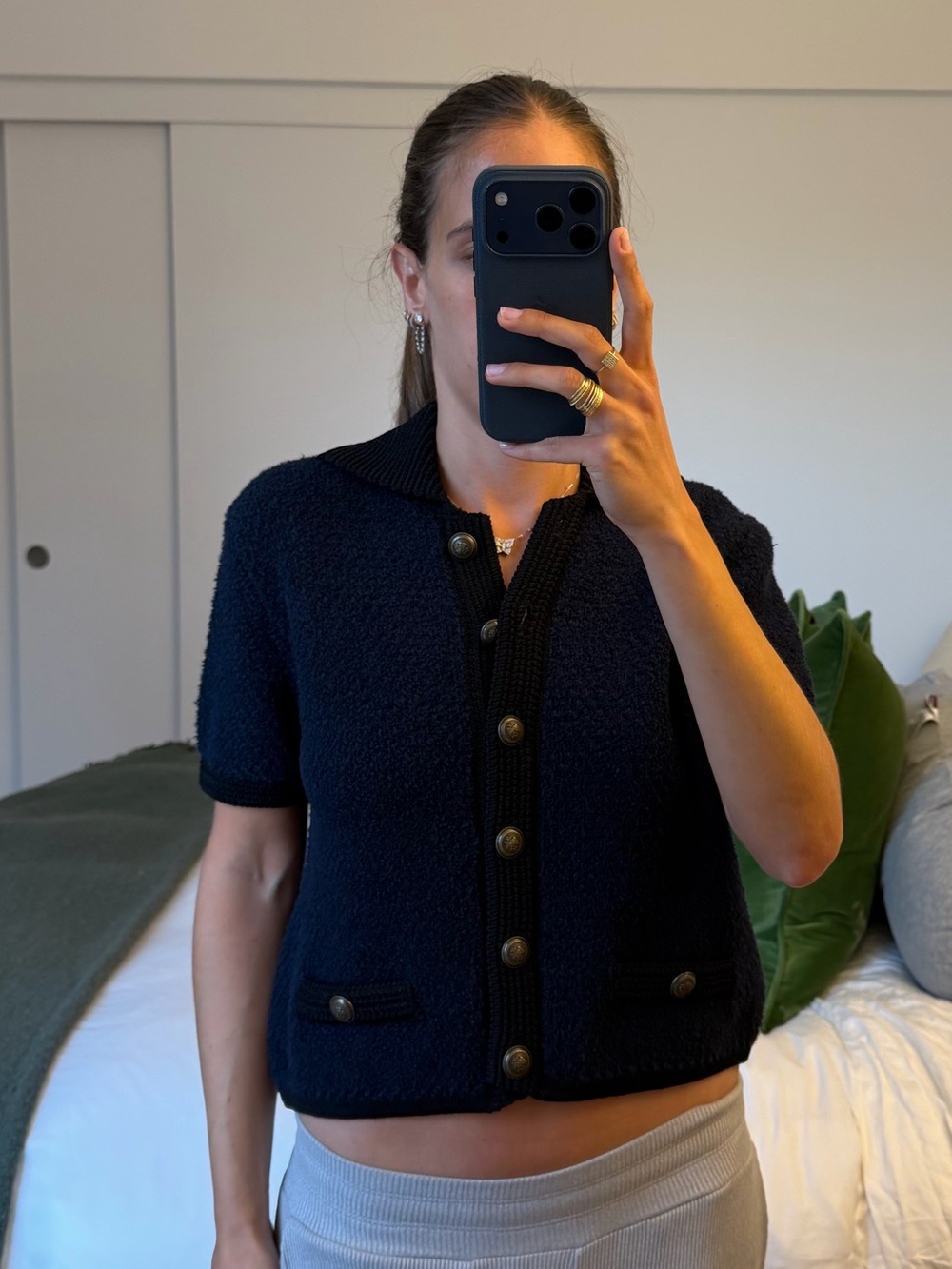 Massimo Dutti Navy Short-Sleeve Bouclé Cardigan